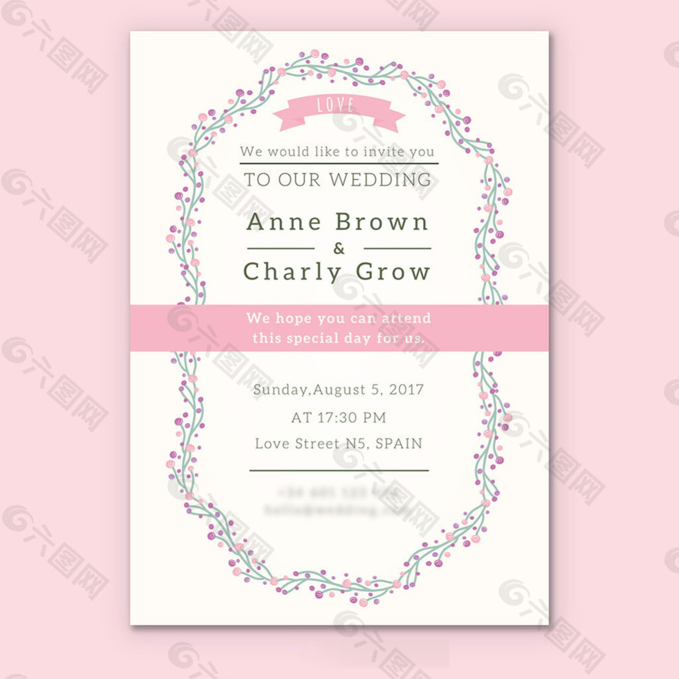 漂亮花卉边框与粉色细节婚礼邀请卡