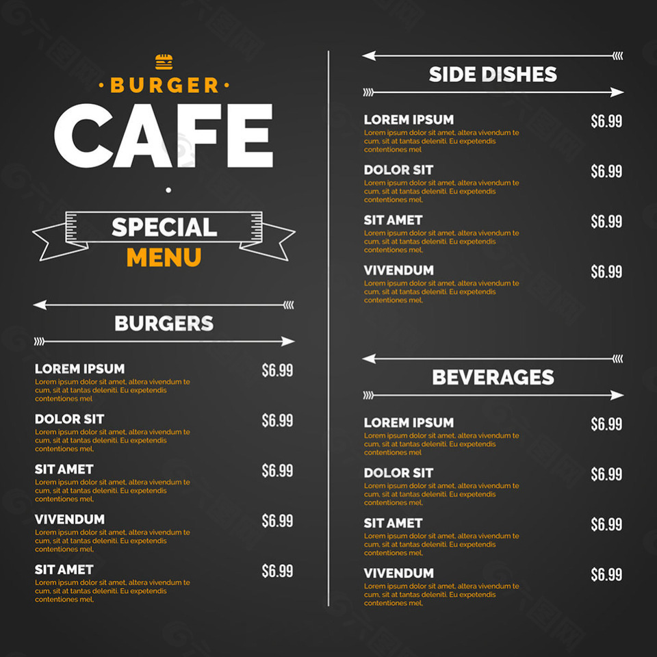 橙色白色汉堡黑色菜单模板