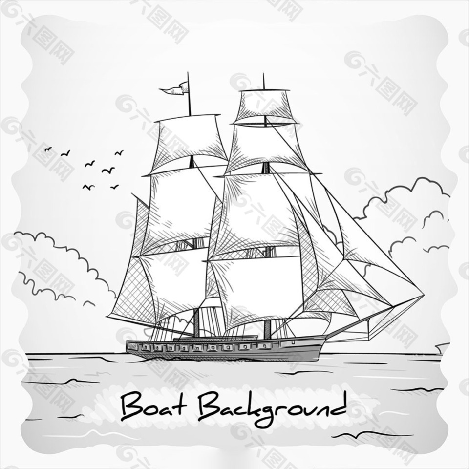 手绘素描风格黑白色船背景