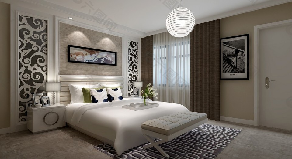 现代中式卧室装修效果图