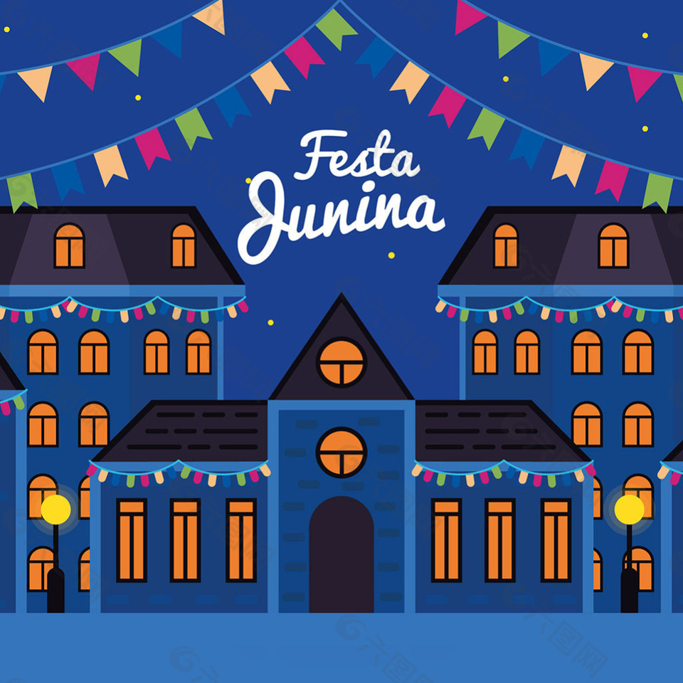 彩色吊旗开灯的房子夜间背景设计