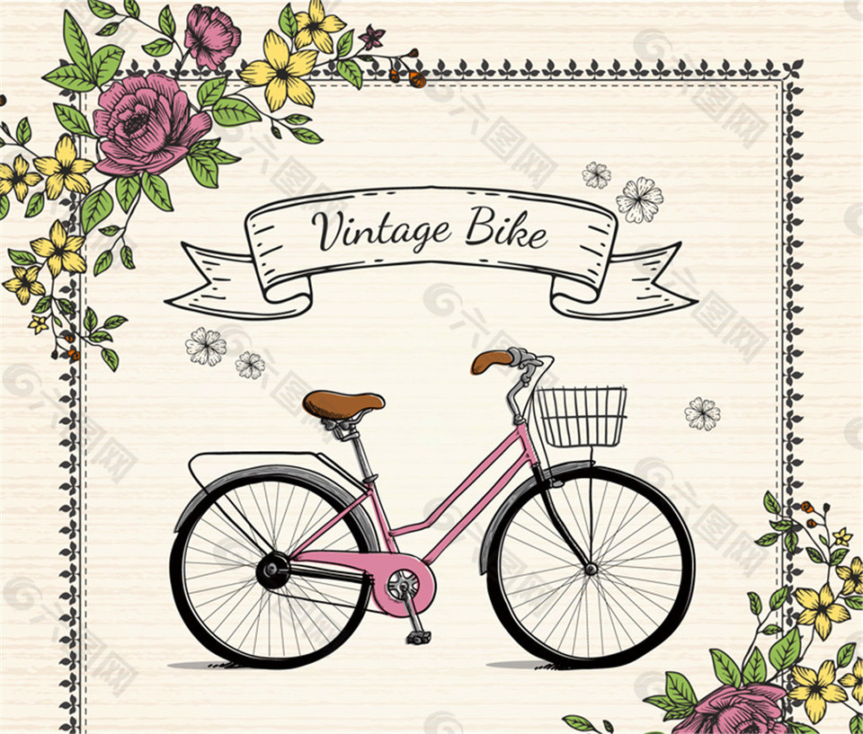 复古彩绘单车和花卉矢量素材