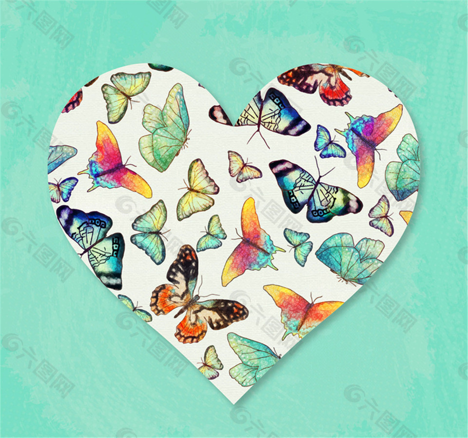 水彩绘蝴蝶装饰爱心矢量素材