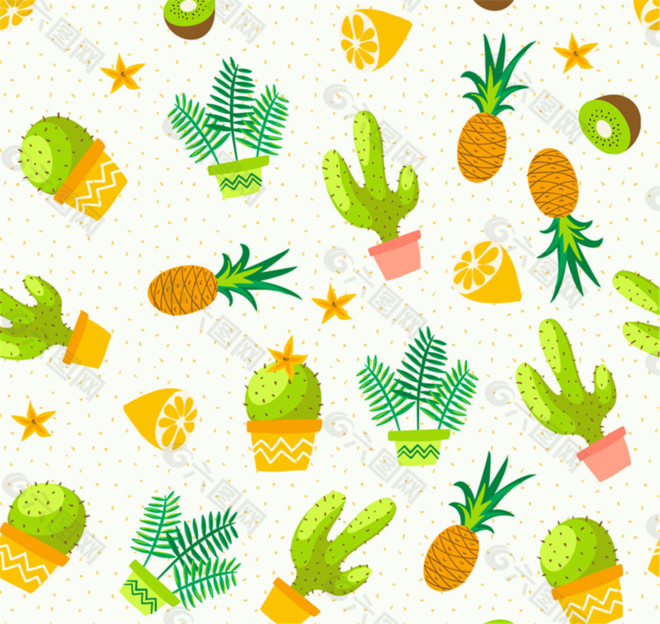 水彩绘水果和多肉植物无缝背景矢量图