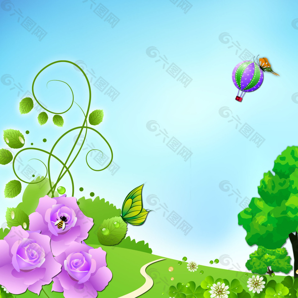 花朵树叶藤条蝴蝶氢气球素材