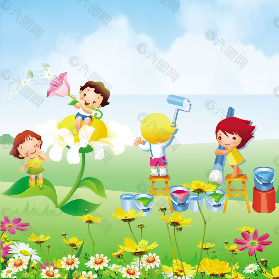 卡通孩童油漆桶花朵花朵音符白云素材