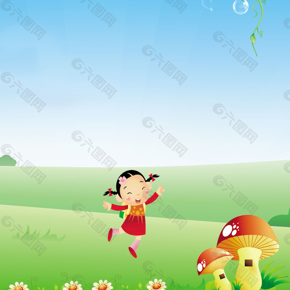 卡通女孩蘑菇花朵素材