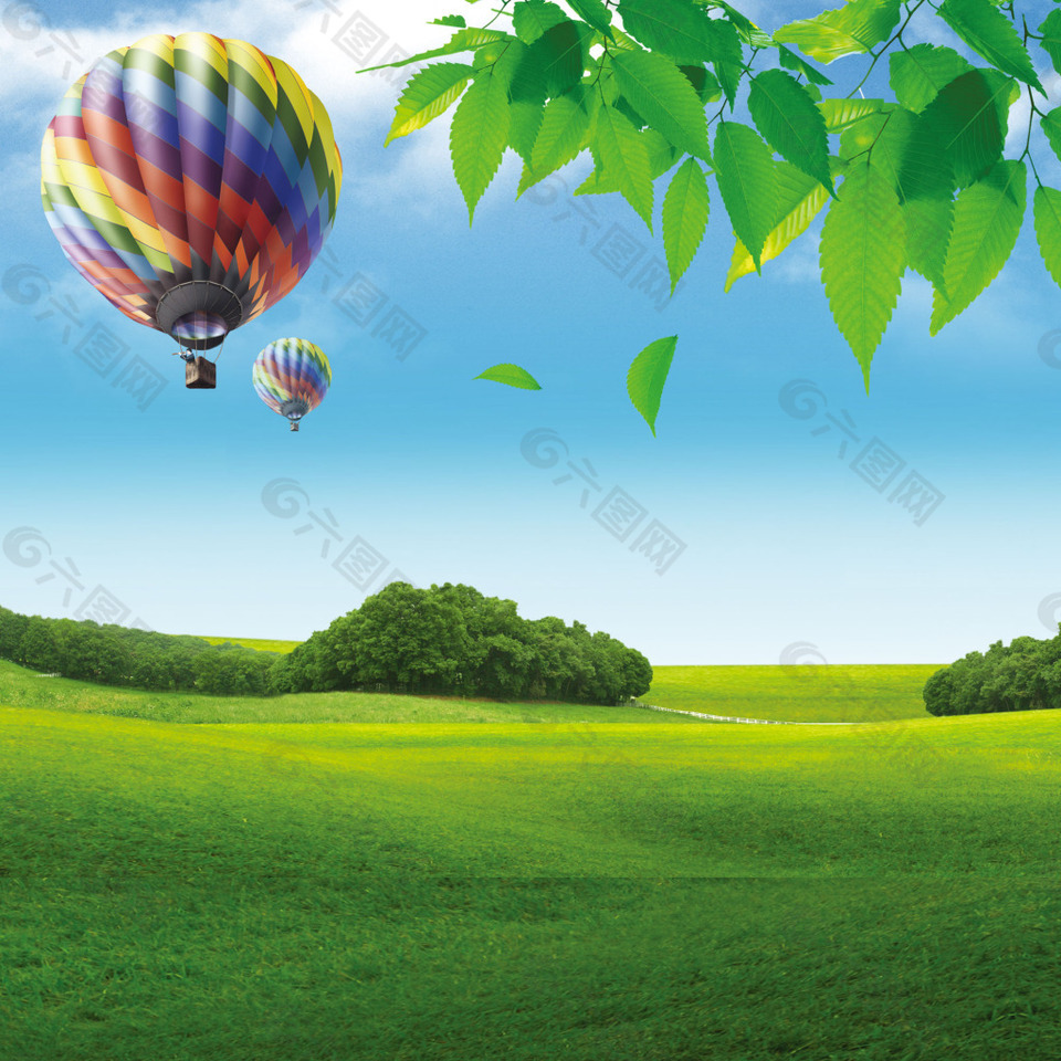 青草氢气球树叶蓝天白云素材