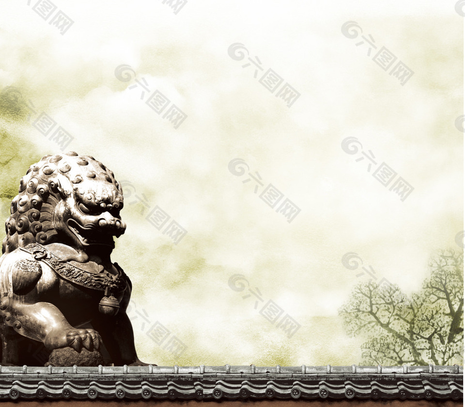 中国风石狮水墨背景
