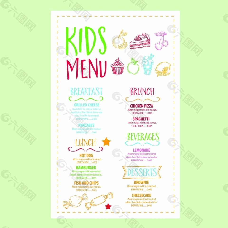 西餐厅儿童套餐菜单图片