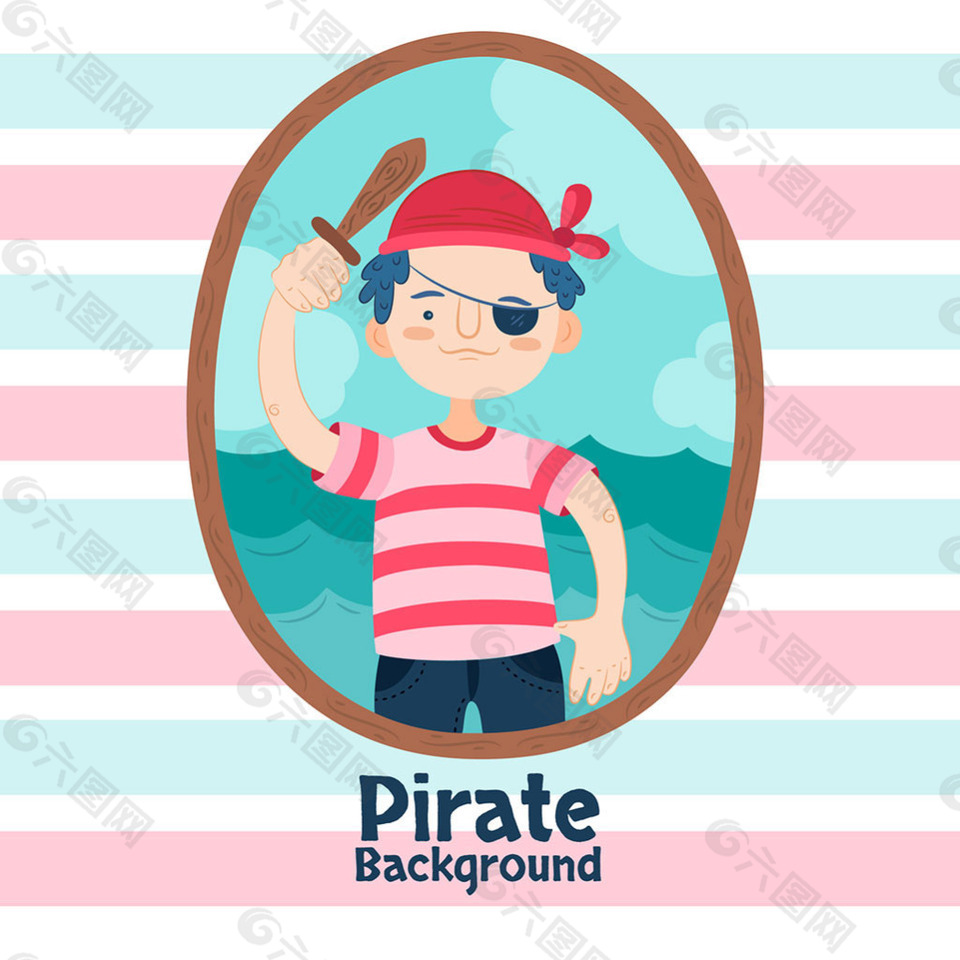 小男孩海盗形象插图条纹背景