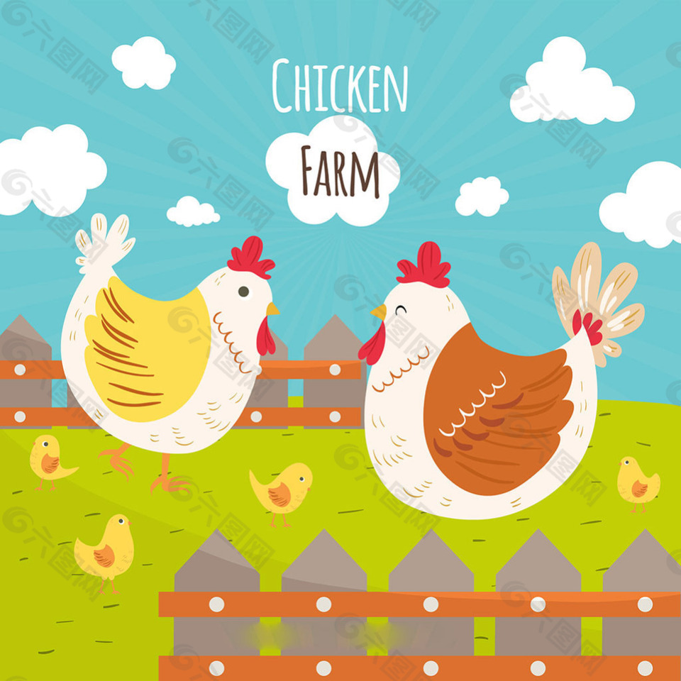 手绘母鸡和小鸡绿色农场蓝天白云背景