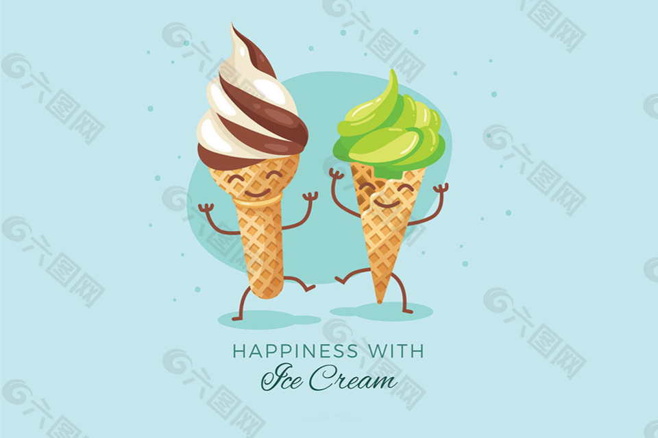 两个可爱的冰淇淋卡通人物蓝色背景
