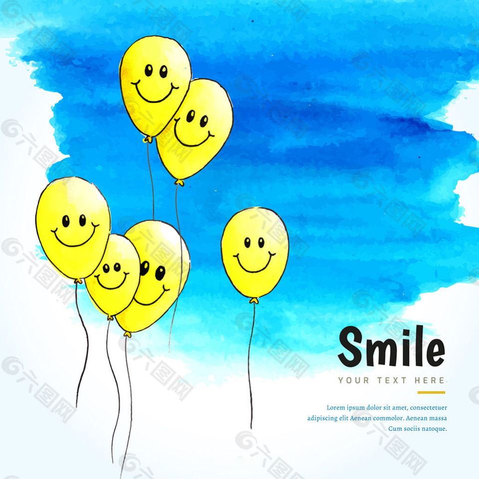 微笑的气球人物表情蓝色水彩背景