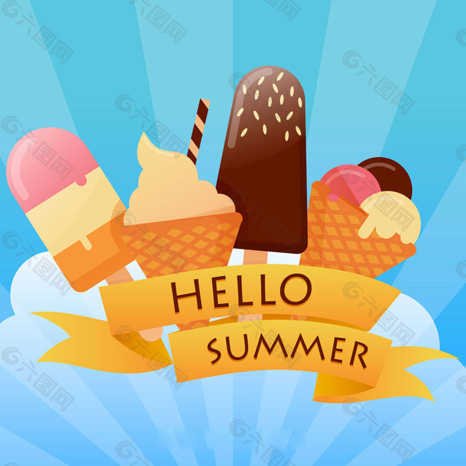 你好夏天冰淇淋插图蓝色背景