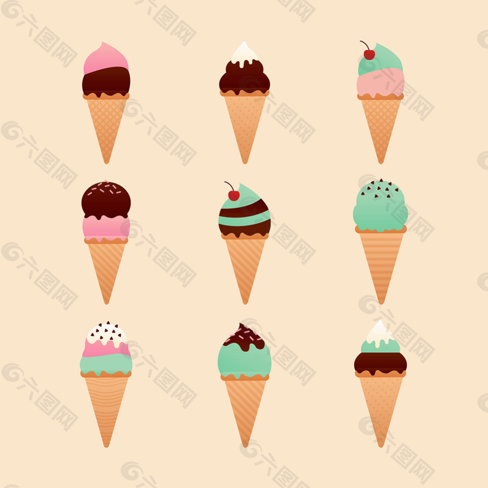手绘彩色圆锥形冰淇淋冰激凌图标