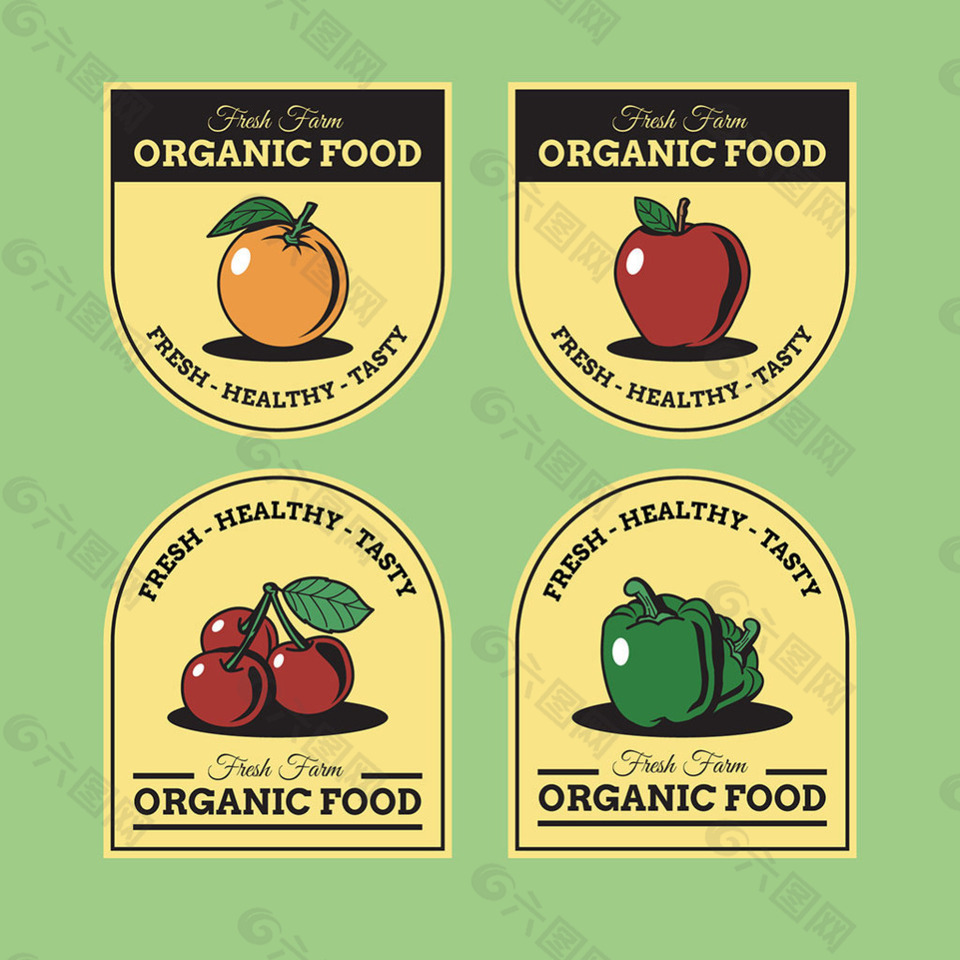 复古风格水果蔬菜有机食品贴纸图标