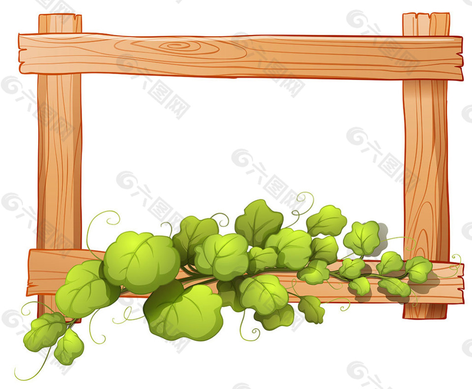 绿叶植物白色背景的木框架边框插图