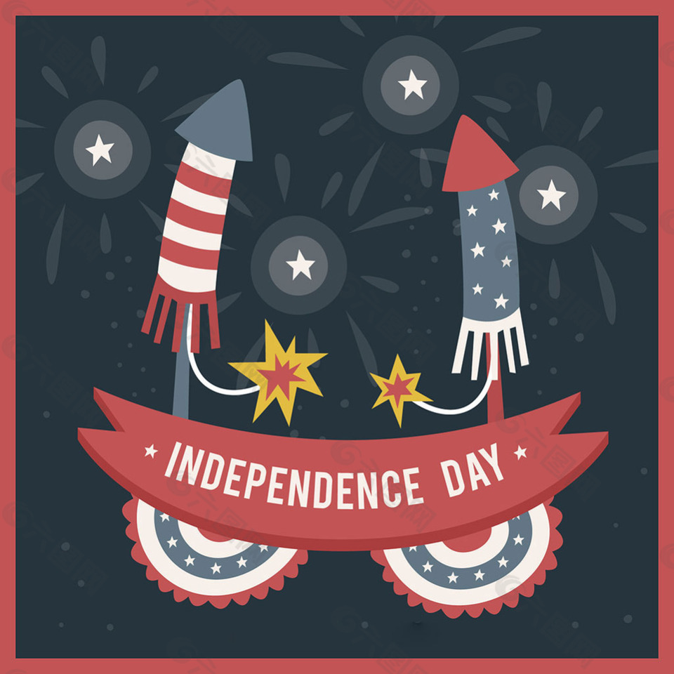 手绘蓝灰色红色烟花插图美国独立日背景