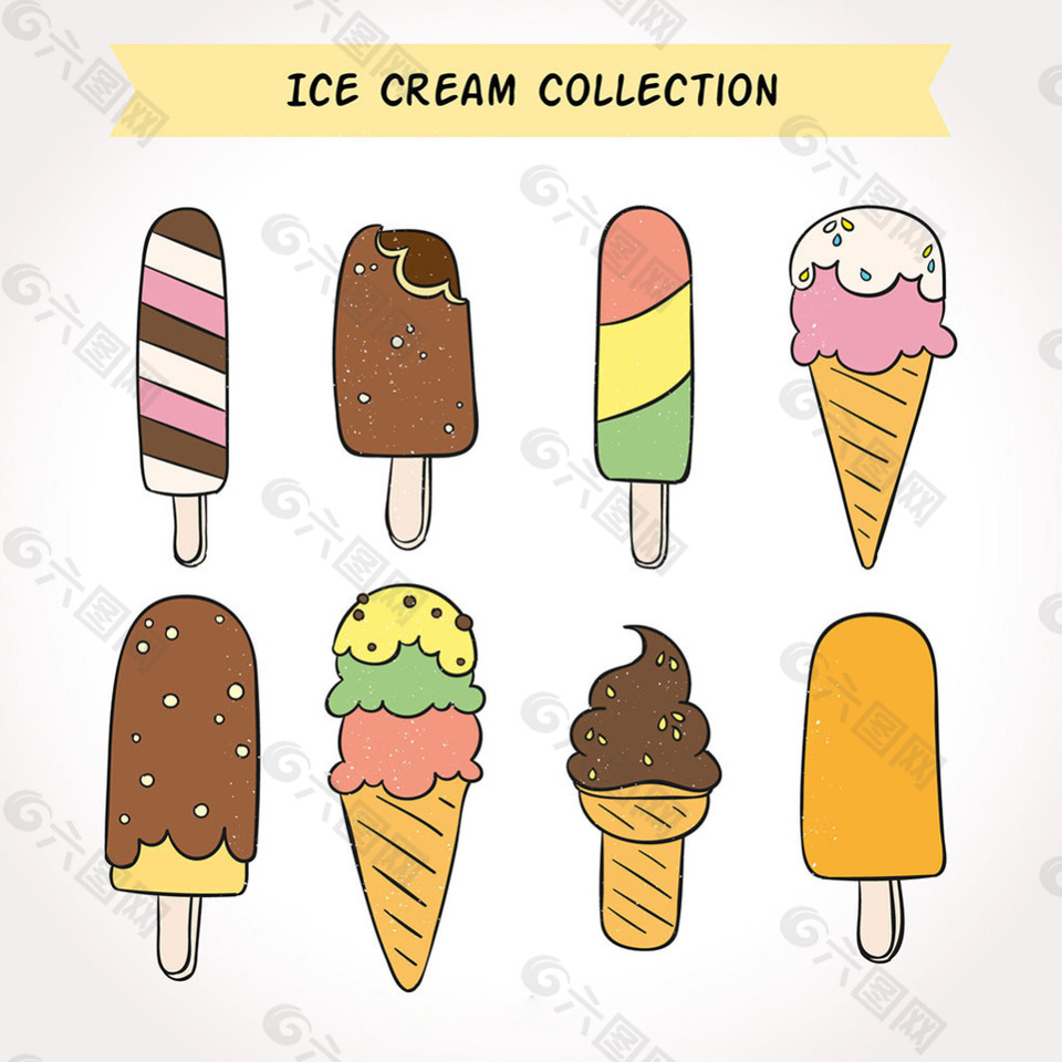 不同种类的手绘风格冰淇淋插图图标矢量素材