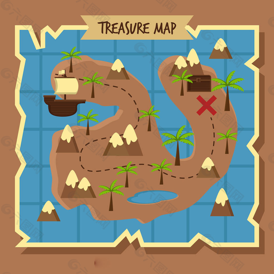 棕榈树海盗船小岛宝藏地图藏宝图背景