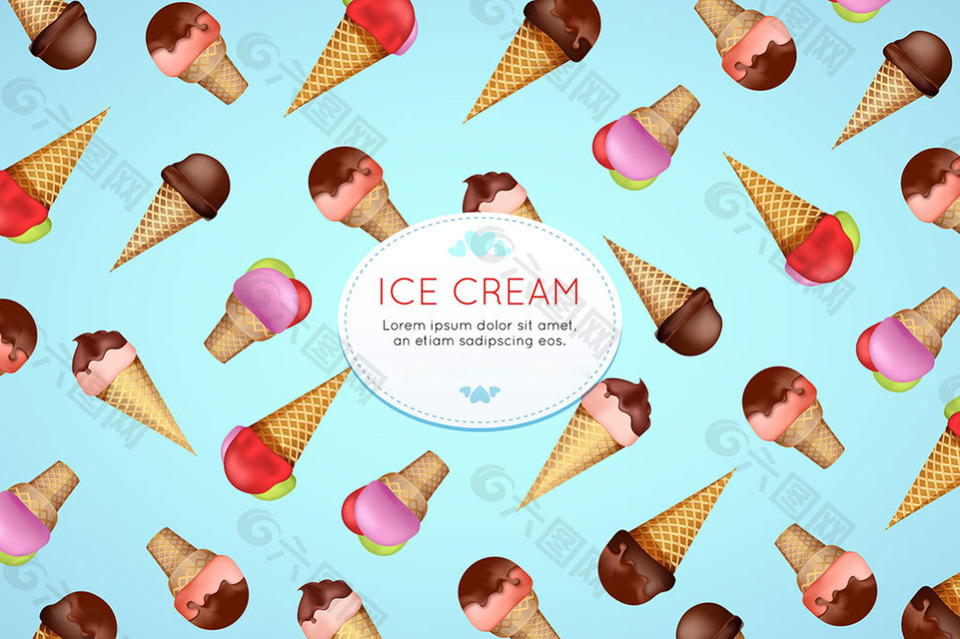 各种冰淇淋雪糕插图浅蓝色背景