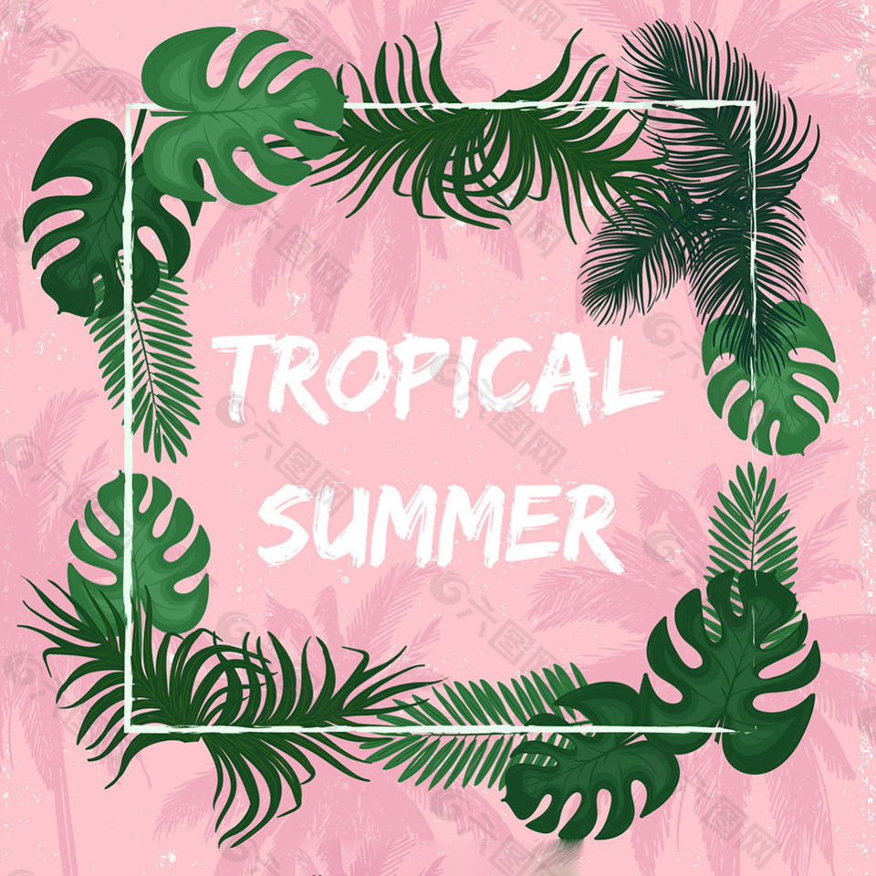 热带夏天主题棕榈叶边框粉红色背景