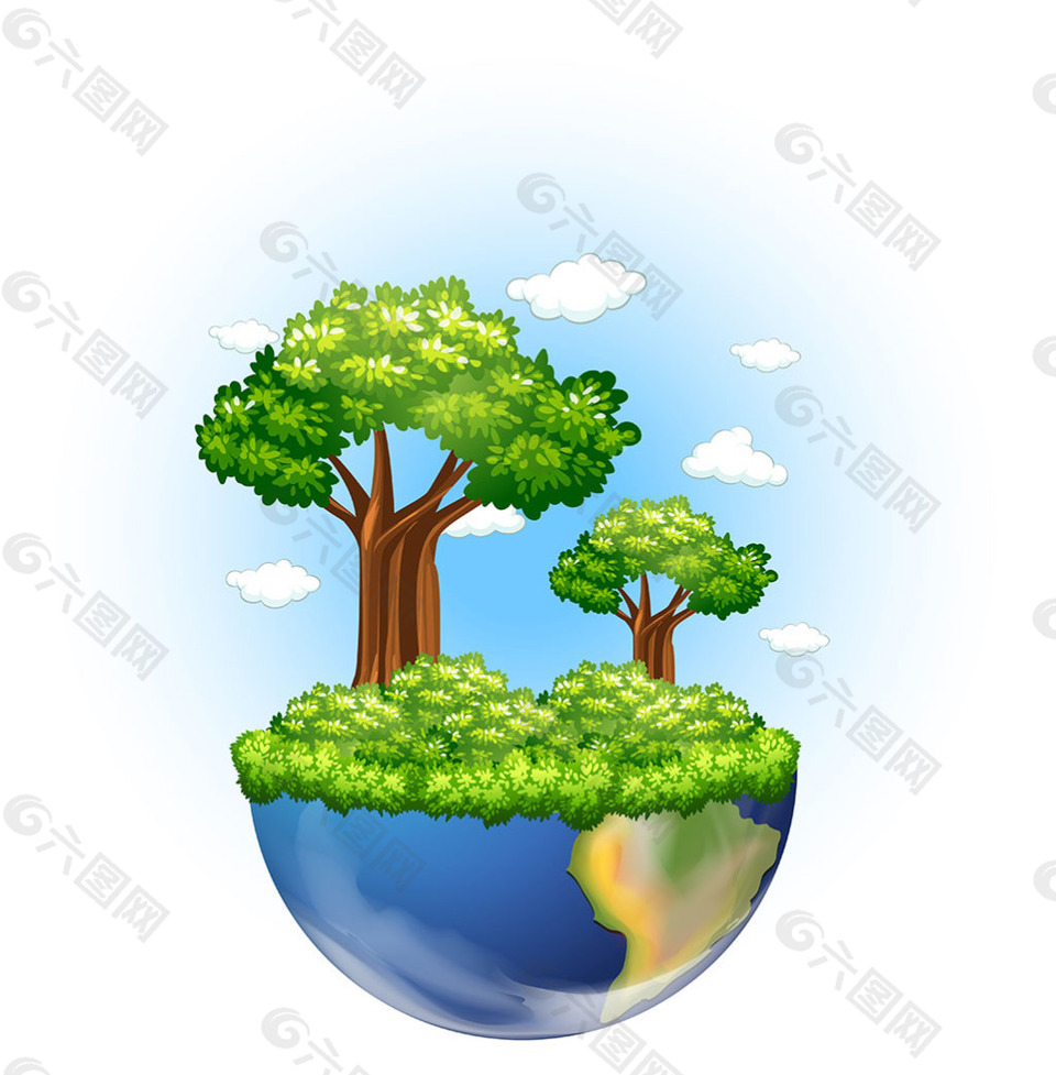 创意绿色大树生长地球悬浮背景插图
