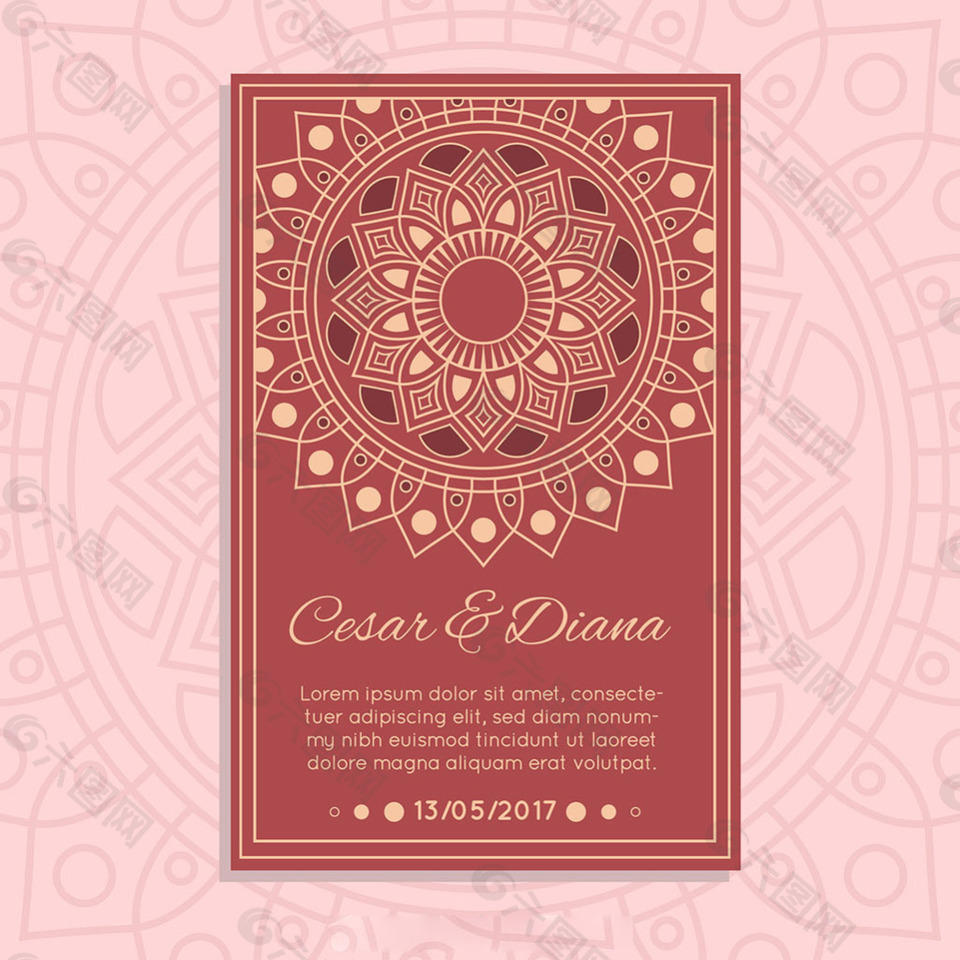 曼陀罗装饰花纹边框婚礼邀请卡设计红色背景