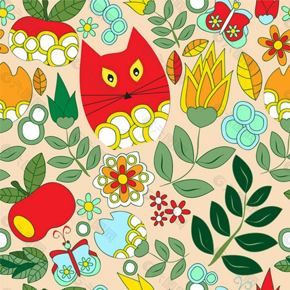 绿色叶子红色猫背景图