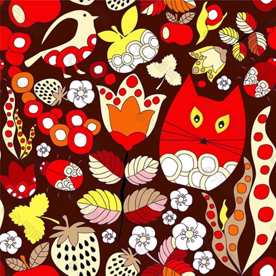 红色叶子水果猫背景图