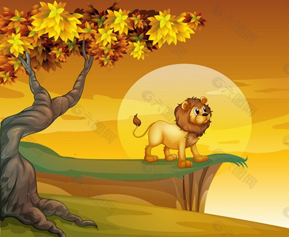 可爱狮子与落日背景图