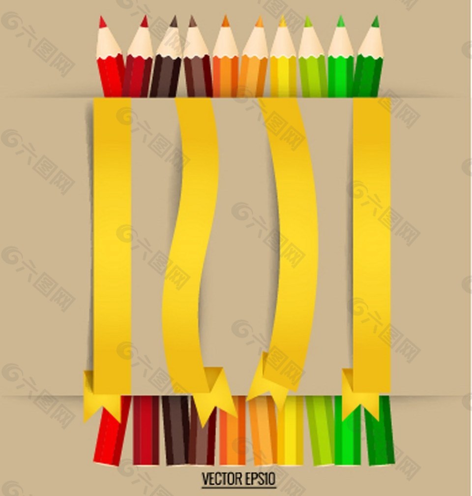 黄色彩带与彩色铅笔设计图