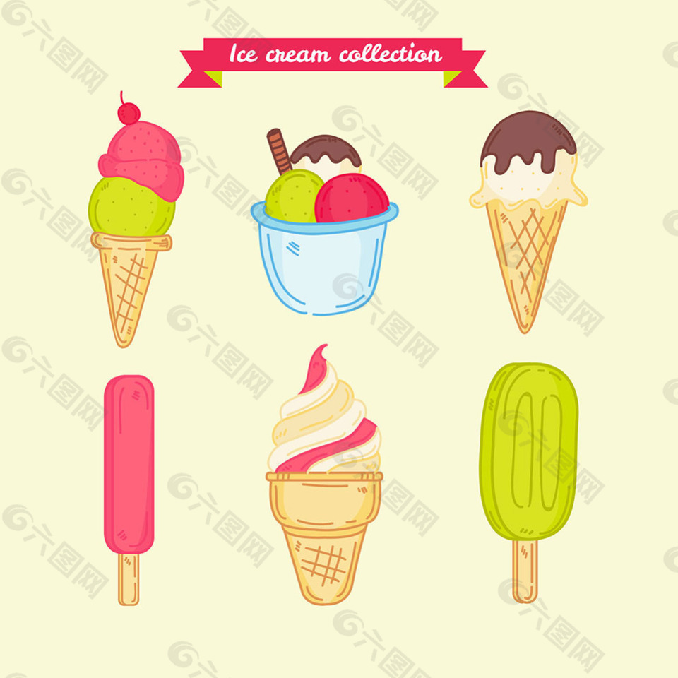 手绘风格各种冰淇淋雪糕插图