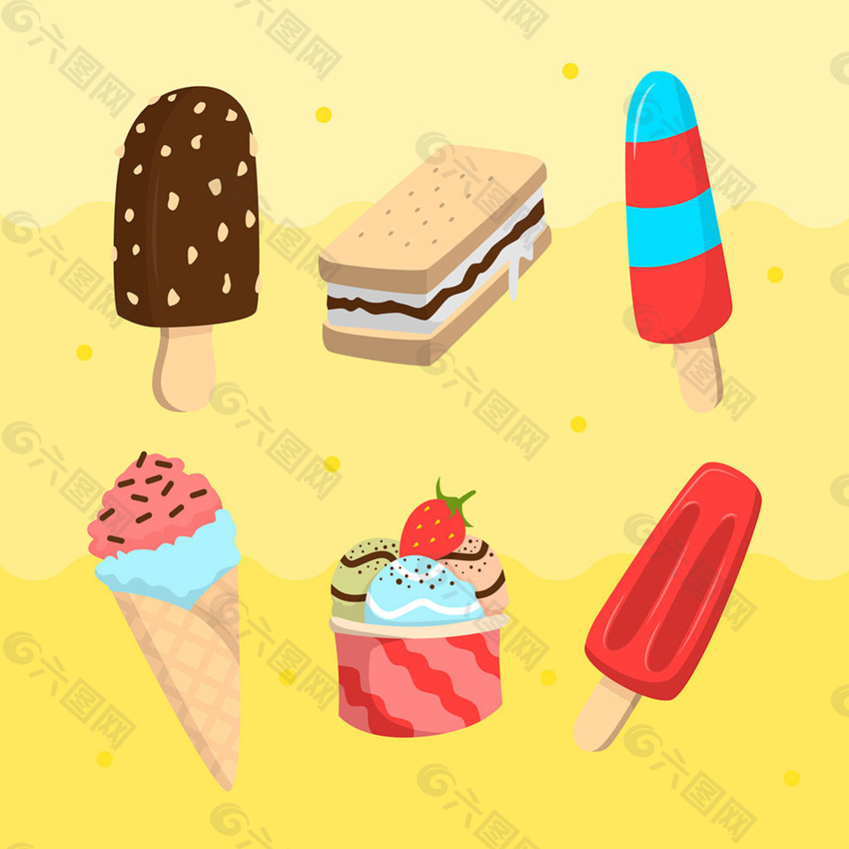 六个彩色美味冰淇淋雪糕矢量素材