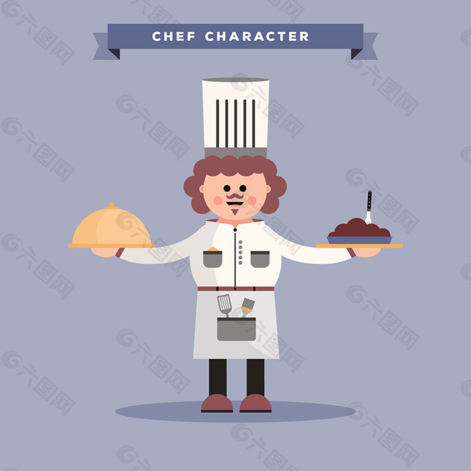 手绘扁平风格厨师角色端两个菜背景