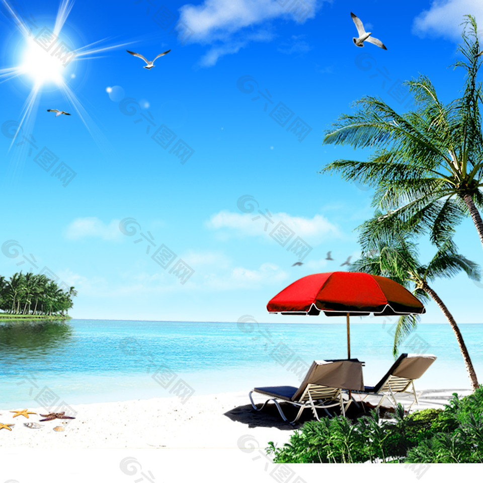唯美海边沙滩椰子树风景