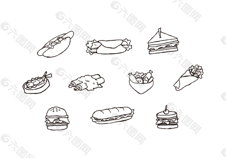 手绘线性快餐食物图标