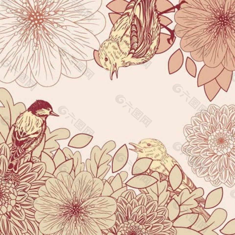 复古手绘花卉鸟类背景图