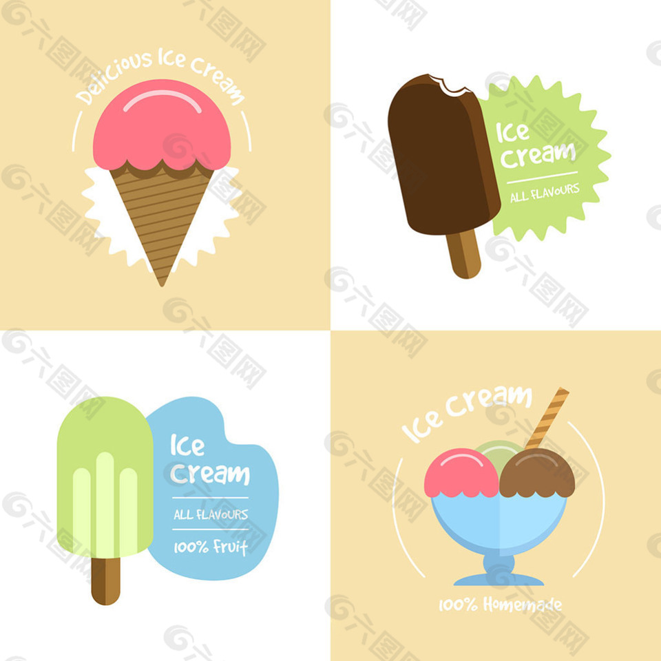 扁平风格冰淇淋雪糕卡通插画标签