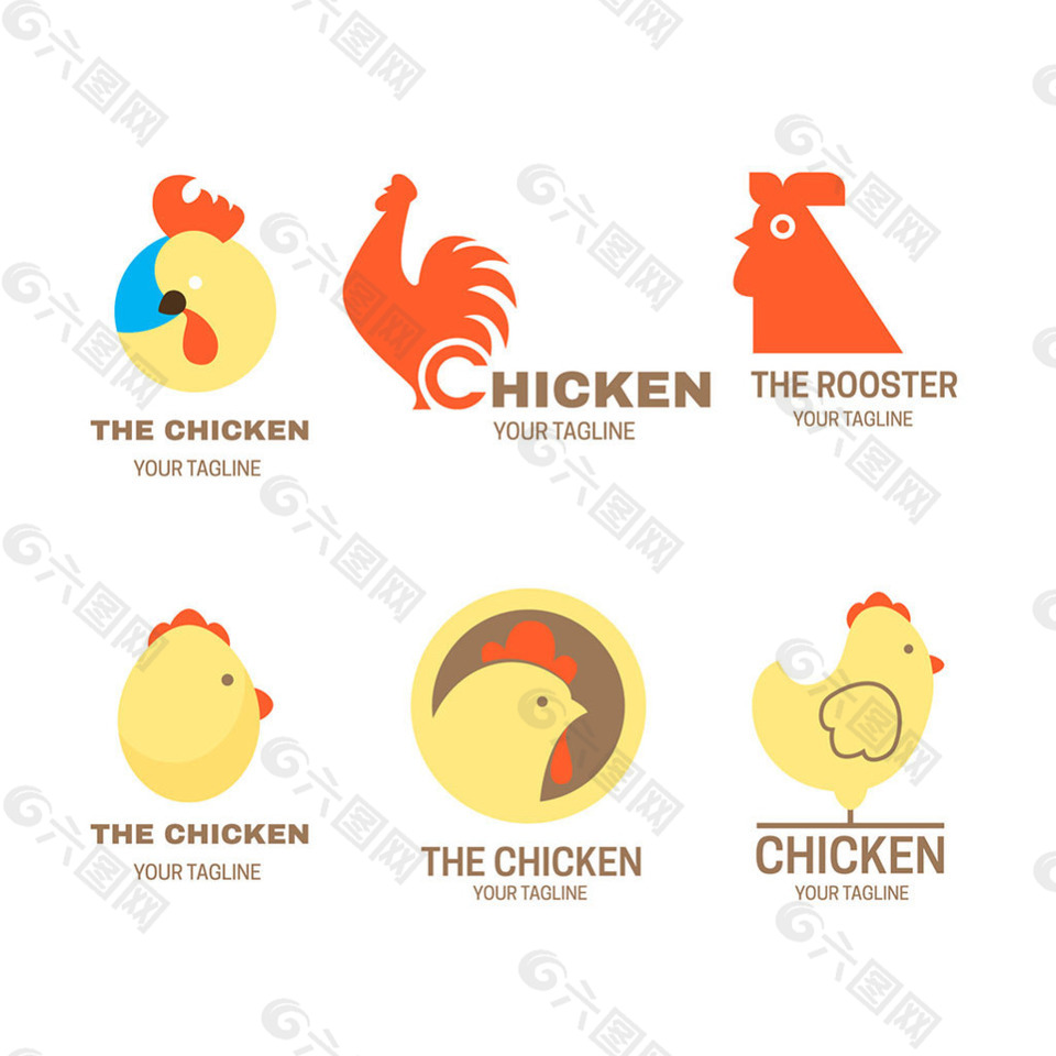 扁平风格各种鸡插图logo标志设计