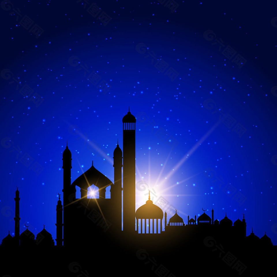 开斋节伊斯兰清真寺剪影蓝色背景
