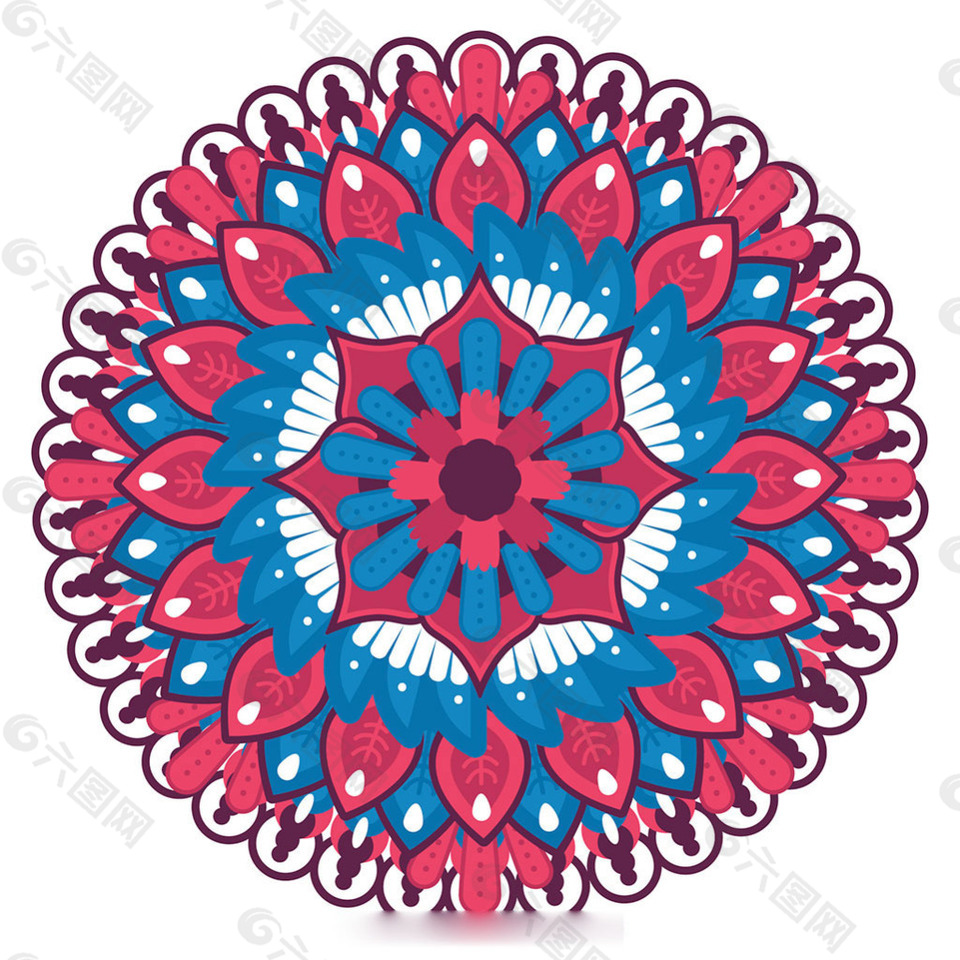 蓝色红色圆形曼陀罗花卉装饰图案背景