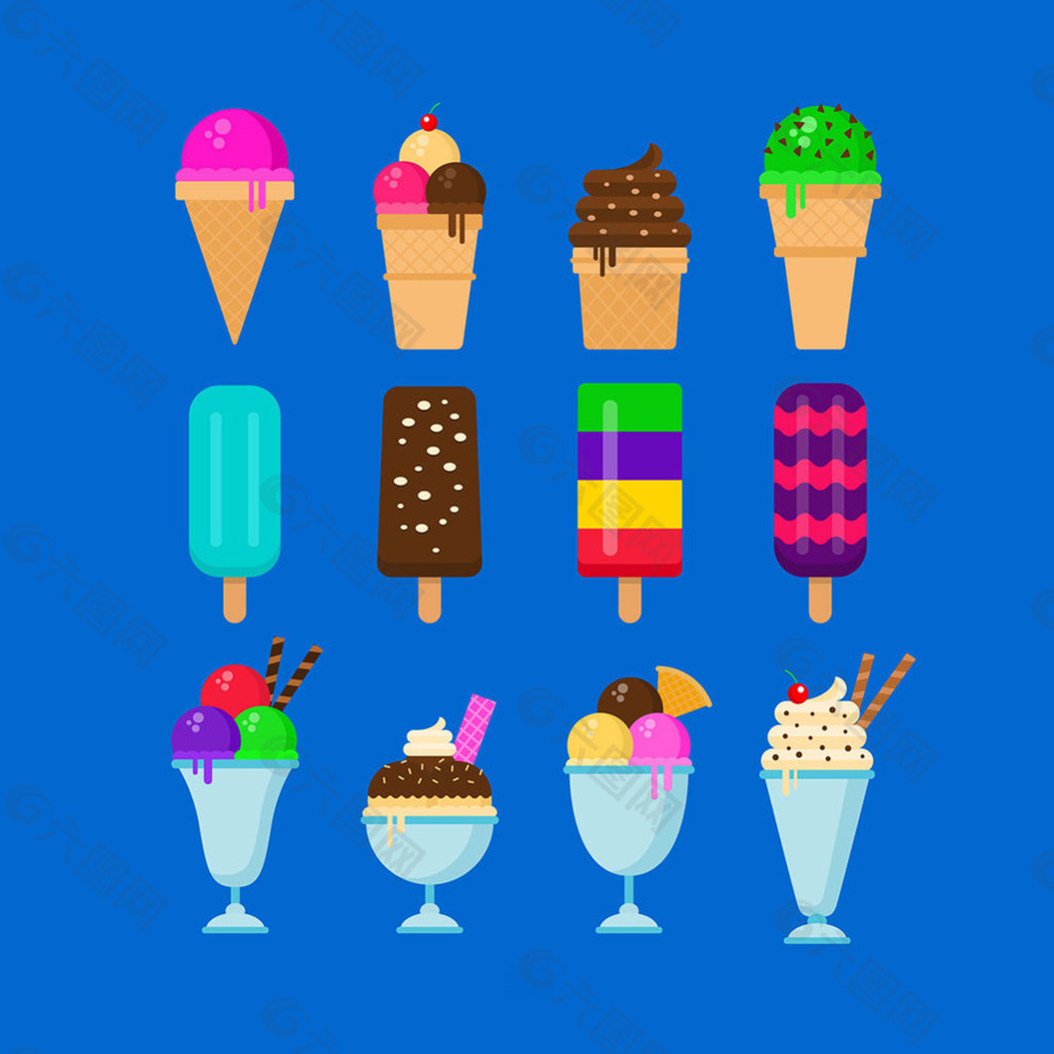 彩色冰淇淋雪糕平面设计图标