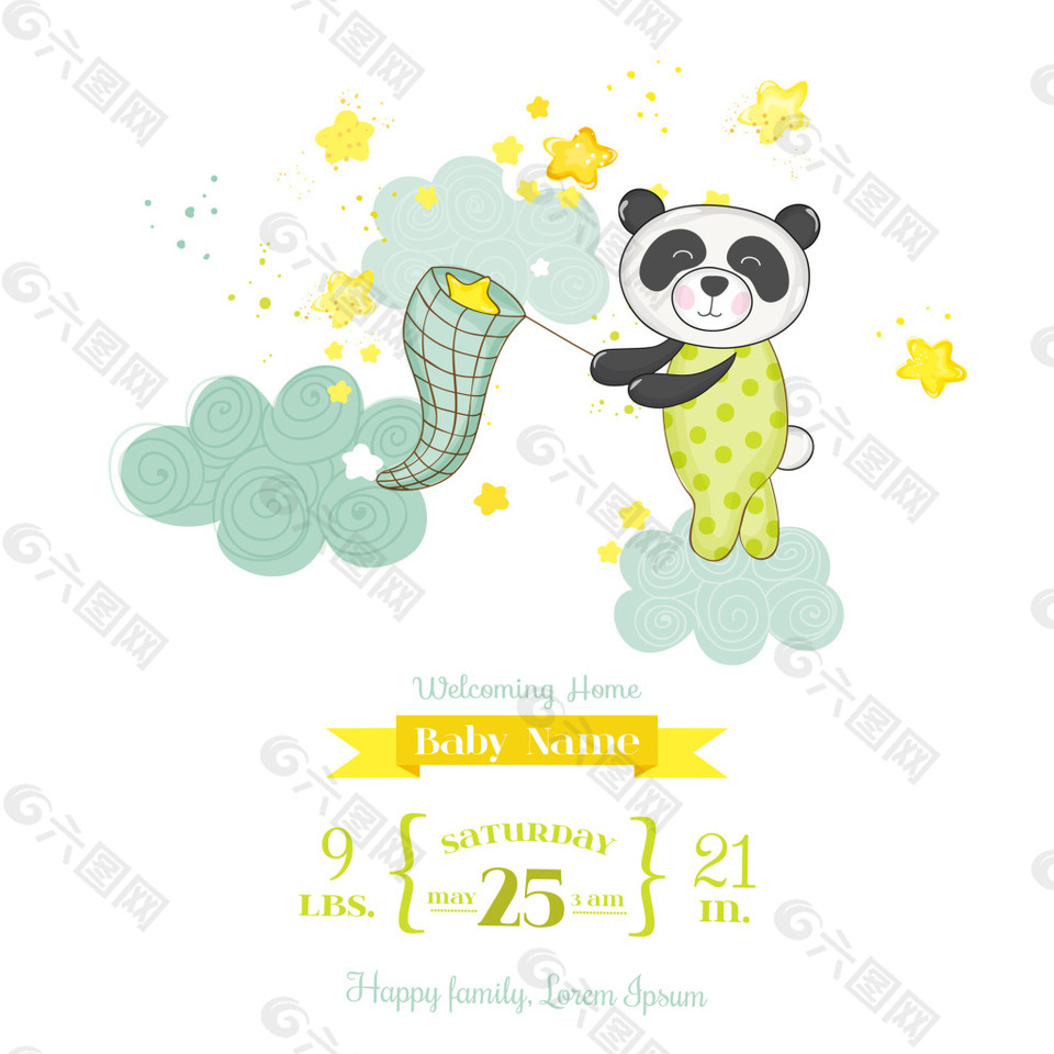 开心婴儿洗礼卡通熊猫邀请卡片矢量素材
