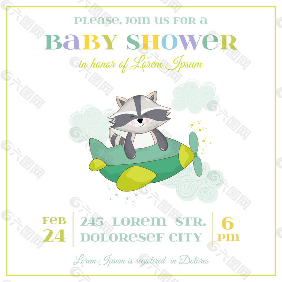 小飞机卡通浣熊与狗婴儿邀请卡矢量素材