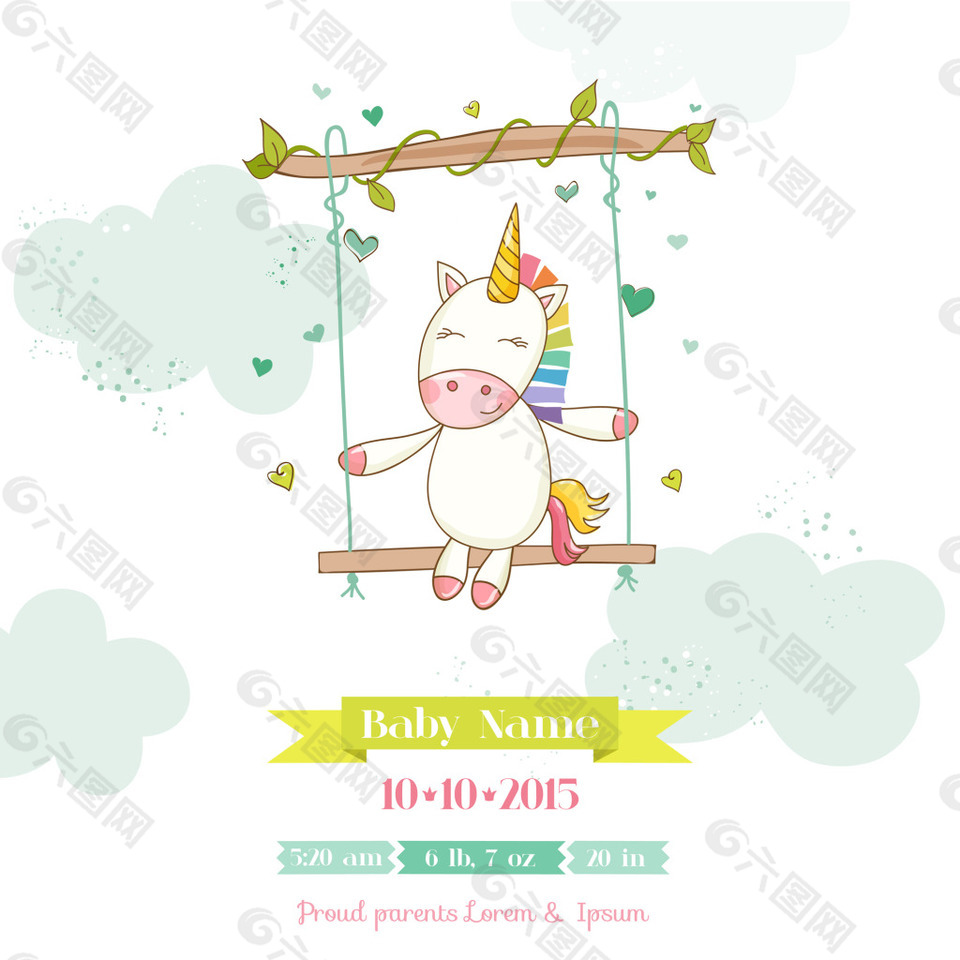 独角兽婴儿洗礼满月邀请卡片矢量素材