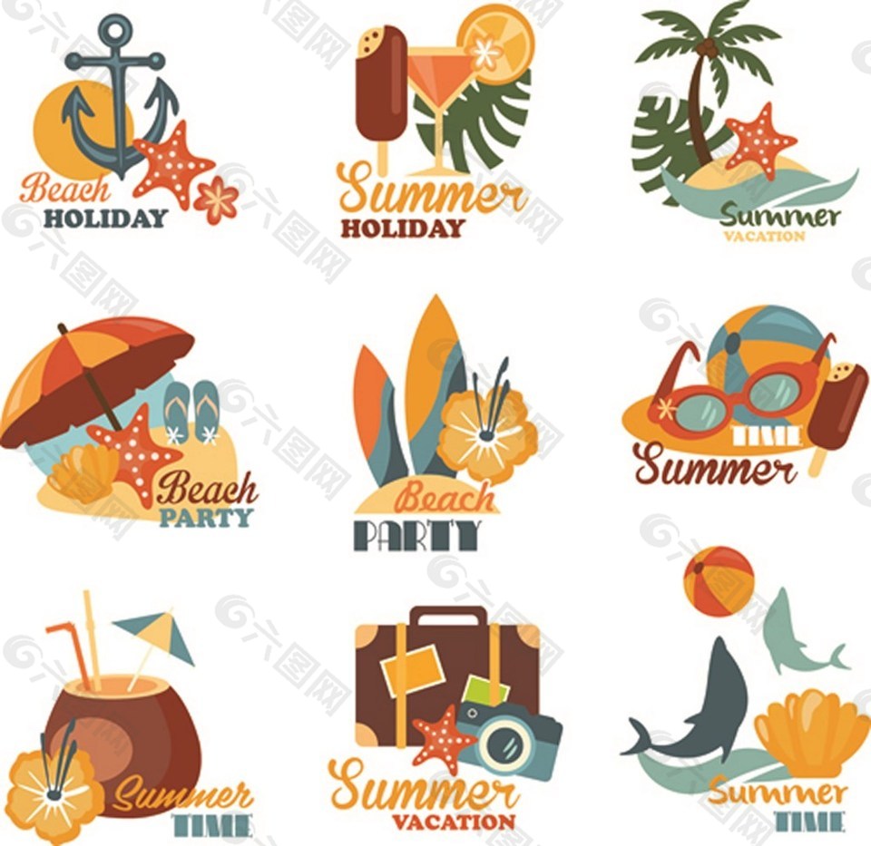 夏季暑假度假元素矢量图