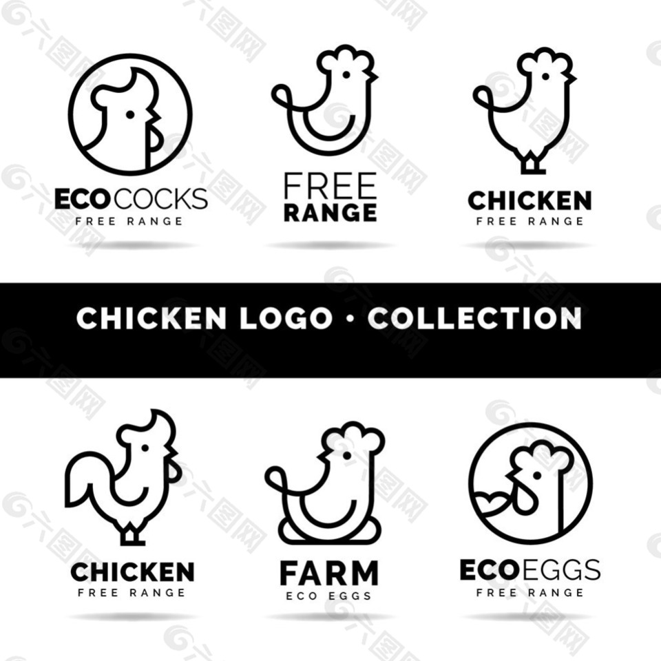 六个线性风格公鸡标志logo