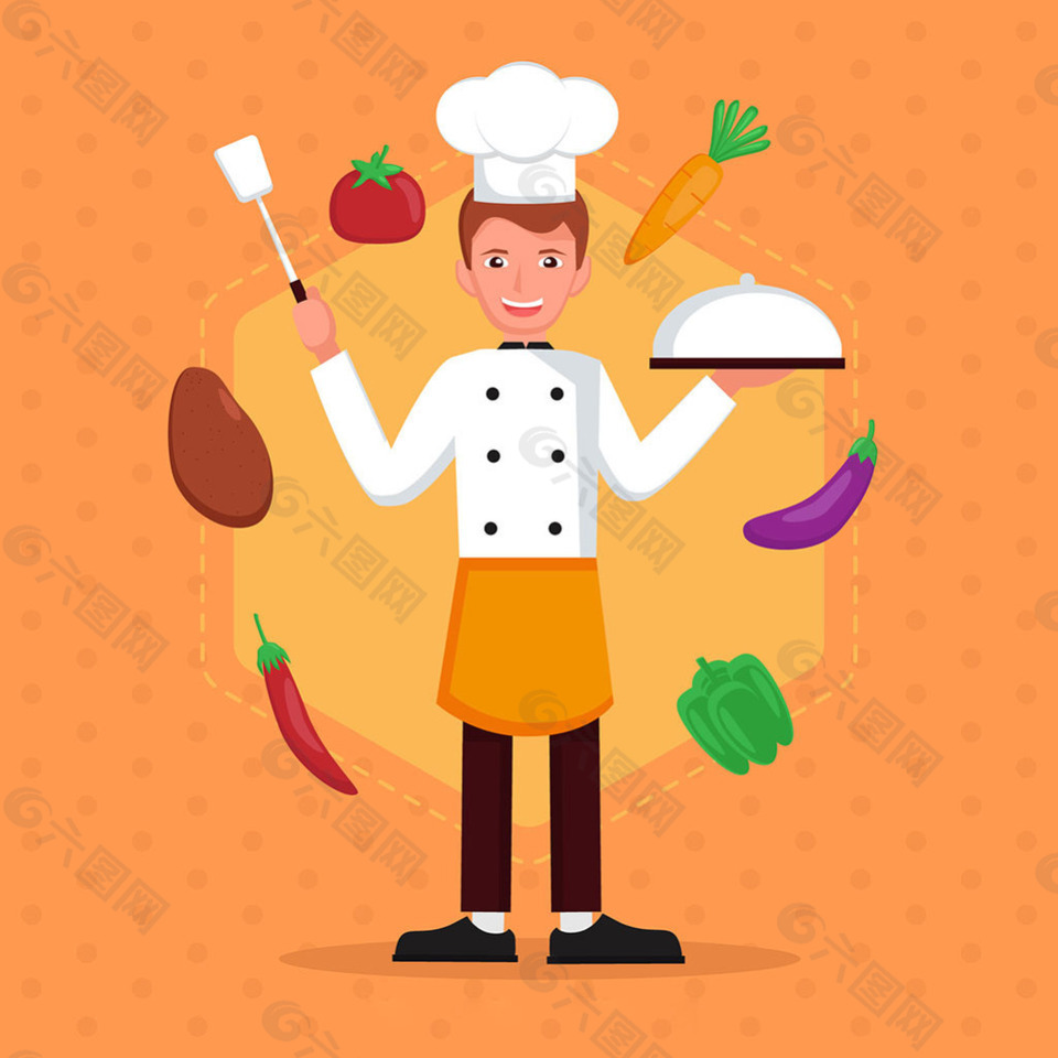 微笑厨师举托盘各种食材插图橙色背景